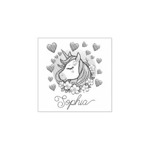 Schattigee eenhoorn, roze harten & bloemen, aangep rubberstempel