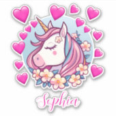 Schattigee eenhoorn, roze harten & bloemen, aangep sticker (Voorkant)
