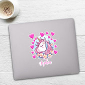 Schattigee eenhoorn, roze harten & bloemen, aangep sticker