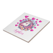 Schattigee eenhoorn, roze harten & bloemen, aangep tegeltje (Zijkant)