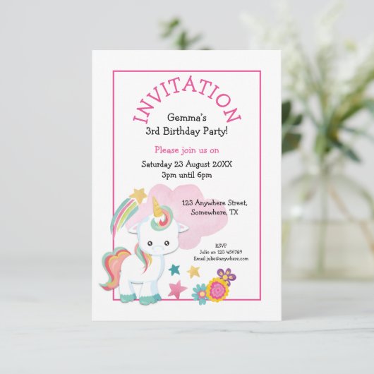 Schattigee Eenhoorn Roze Jonge Kind Verjaardagsfee Kaart (Staand voorkant)