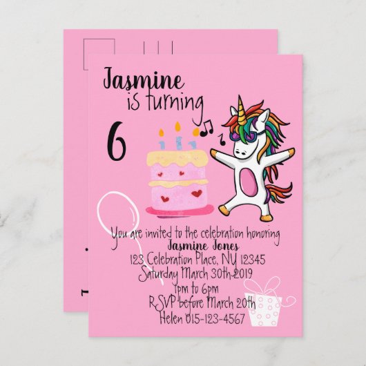 Schattigee eenhoorn roze Verjaardag Uitnodiging Briefkaart (Voorkant / Achterkant)