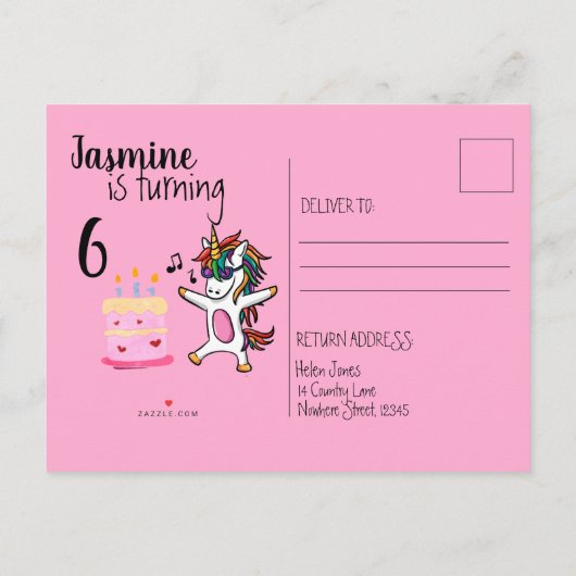 Schattigee eenhoorn roze Verjaardag Uitnodiging Briefkaart (Achterkant)