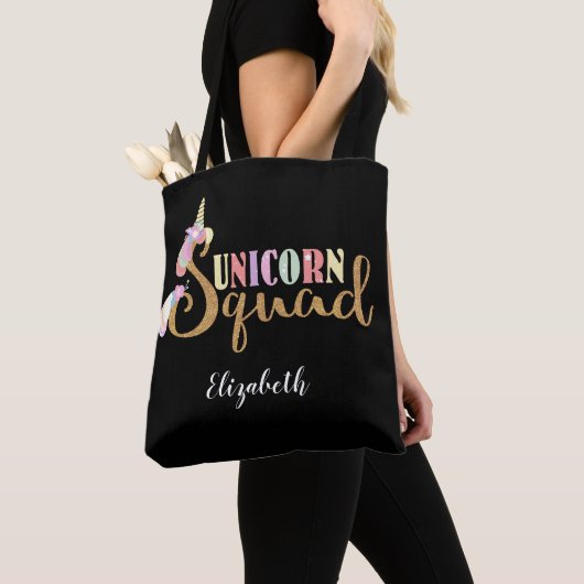 Schattigee Eenhoorn Squad Gouden Glitter Regenboog Tote Bag (Dichtbij)