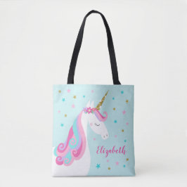 Schattigee eenhoorn sterren glitter aqua tote bag