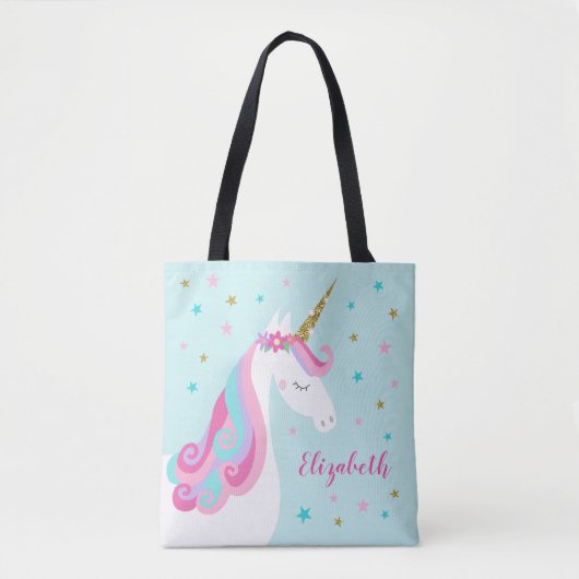 Schattigee eenhoorn sterren glitter aqua tote bag (Voorkant)