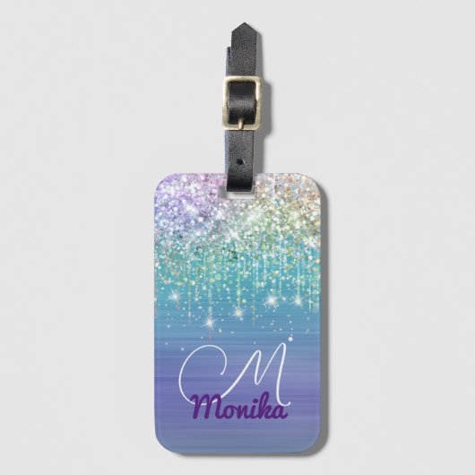 Schattigee Eenhoorn Turquoise Paarse glitter Faux  Bagagelabel (Voorkant (verticaal))