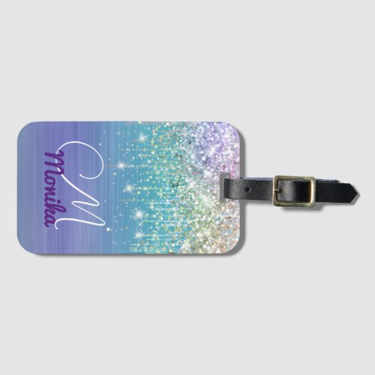 Schattigee Eenhoorn Turquoise Paarse glitter Faux  Bagagelabel (Voorkant (horizontaal))