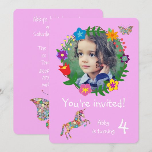 Schattigee Eenhoorn Vlinder Bloemen Meisjes Party Kaart (Voorkant / Achterkant)