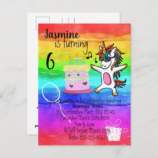 Schattigee eenhoorn Waterverf regenboog verjaardag Uitnodiging Briefkaart (Voorkant / Achterkant)