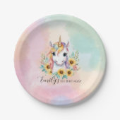 Schattigee Eenhoorn Zonnebloem 1e Verjaardag Papieren Bordje (Voorkant)