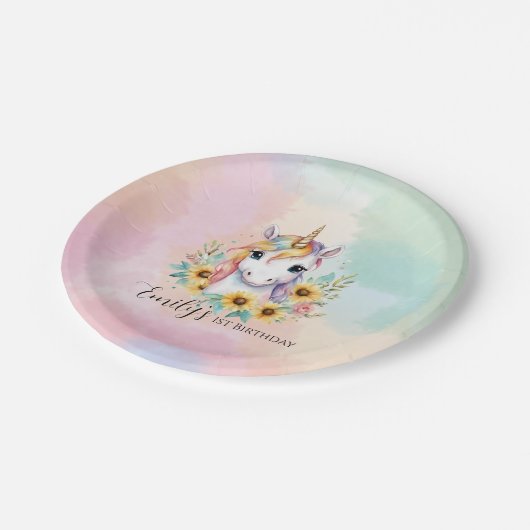 Schattigee Eenhoorn Zonnebloem 1e Verjaardag Papieren Bordje (Gekanteld)