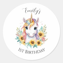 Schattigee Eenhoorn Zonnebloemen 1e Verjaardag Ronde Sticker