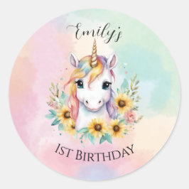 Schattigee Eenhoorn Zonnebloemen 1e Verjaardag Ronde Sticker