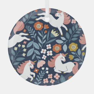 Schattigee Eenhoorns Bloemen Patroon Glas Ornament