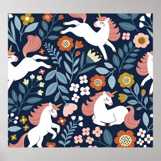 Schattigee Eenhoorns Bloemen  Patroon Poster (Voorkant)