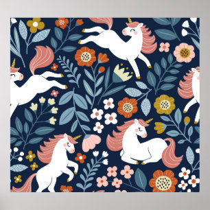 Schattigee Eenhoorns Bloemen Patroon Poster