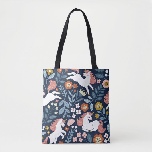 Schattigee Eenhoorns Bloemen Patroon Tote Bag (Voorkant)