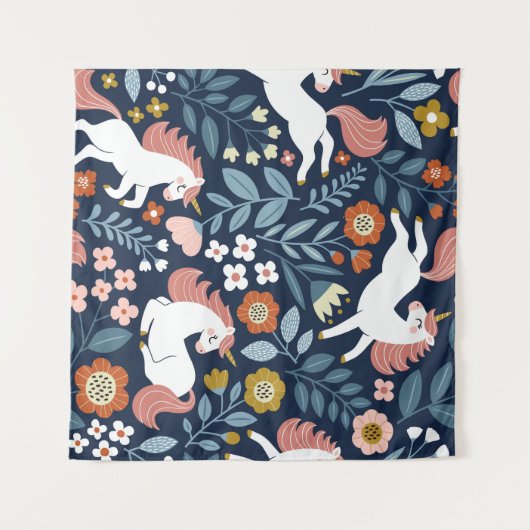 Schattigee Eenhoorns Bloemen  Patroon Wandkleed (Voorkant (horizontaal))