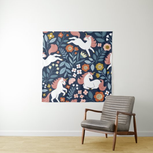 Schattigee Eenhoorns Bloemen  Patroon Wandkleed (In situ)