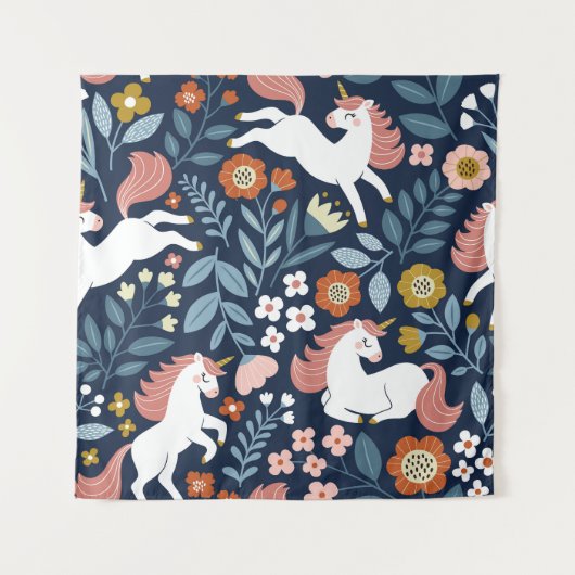 Schattigee Eenhoorns Bloemen  Patroon Wandkleed (Voorkant)