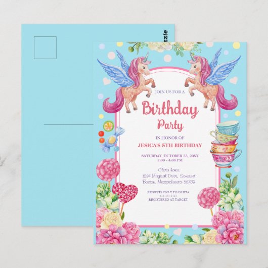 Schattigee Eenhoorns Bloemen Waterverf Verjaardag  Briefkaart (Voorkant / Achterkant)