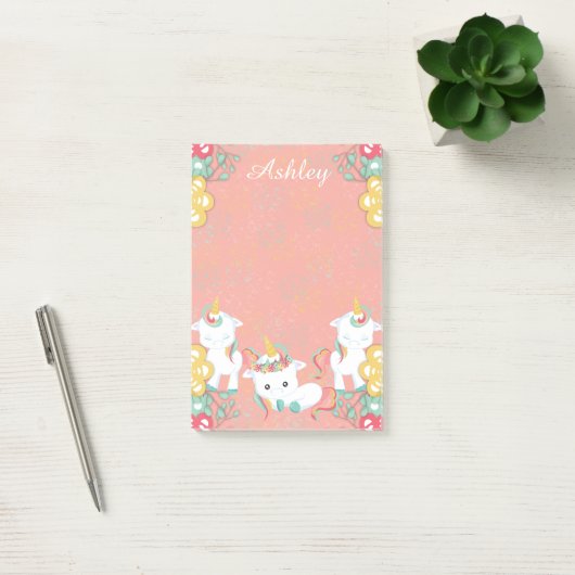 Schattigee eenhoorns en bloemen gepersonaliseerd post-it® notes (Kantoor)