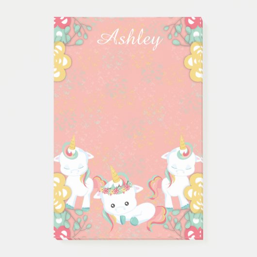 Schattigee eenhoorns en bloemen gepersonaliseerd post-it® notes (Voorkant)