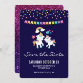 Schattigee Eenhoorns Magische Regenboog & Sterren Save The Date (Voorkant / Achterkant)