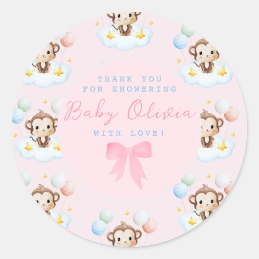 Schattigee Eenvoudige Baby Apenballonnen Roze Beda Ronde Sticker (Voorkant)
