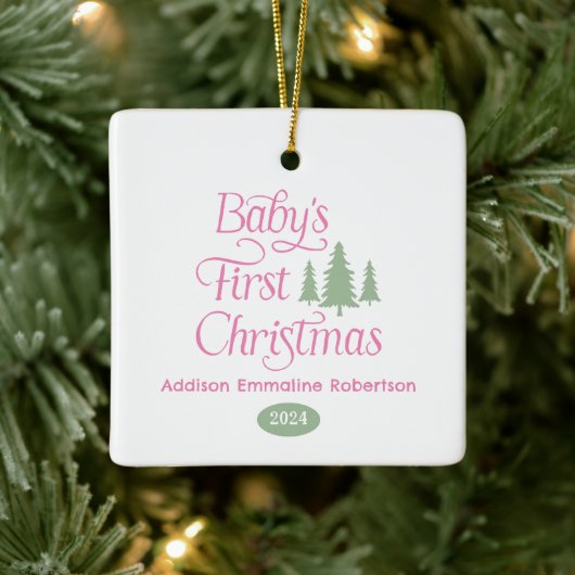 Schattigee Eenvoudige Roze Witte Baby's 1st Christ Keramisch Ornament (Boom)