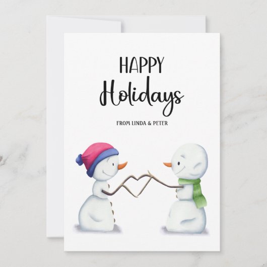 Schattigee eenvoudige sneeuwpoppen paar kerst feestdagenkaart (Voorkant)