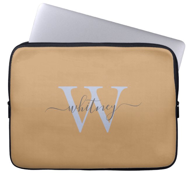 Schattigee Eenvoudige Tan Monogram Naam & Initiaal Laptop Sleeve (Voorkant)