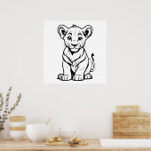 Schattigee Eenzame Witte Leeuw Cub Line Art Tekeni Poster (Keuken)