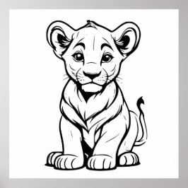 Schattigee Eenzame Witte Leeuw Cub Line Art Tekeni Poster