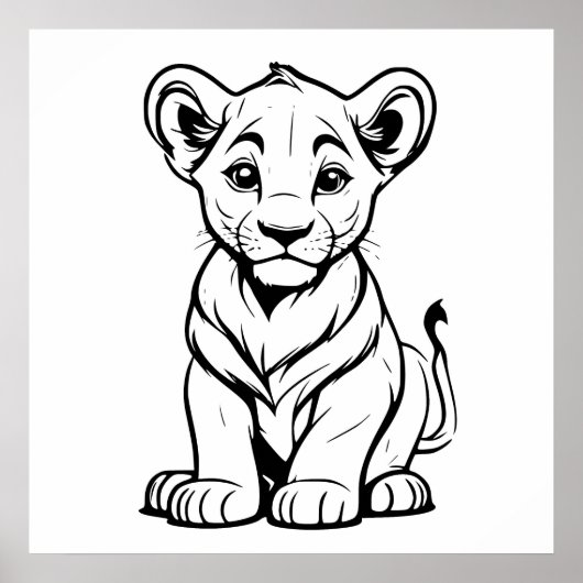 Schattigee Eenzame Witte Leeuw Cub Line Art Tekeni Poster (Voorkant)
