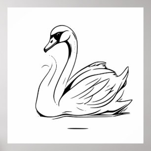 Schattigee Eenzame Witte Zwaan Line Art Tekening Poster