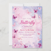 Schattigee eerste 1e verjaardag Pink Butterflies P Kaart (Voorkant)