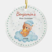 Schattigee eerste baby kerst teddybeer blauw keramisch ornament (Voorkant)