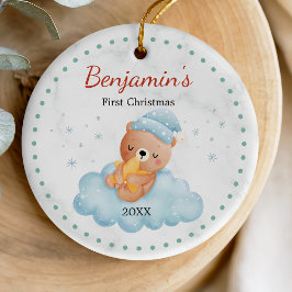 Schattigee eerste baby kerst teddybeer blauw keramisch ornament