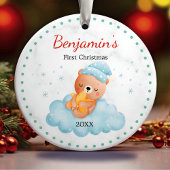 Schattigee eerste baby kerst teddybeer blauw keramisch ornament
