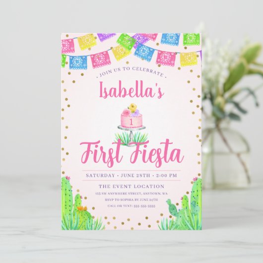 Schattigee eerste Fiesta meisje 1e verjaardag Kaart (Staand voorkant)