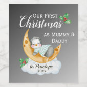 Schattigee eerste kerst als mama & papa Baby Pengu Wijn Etiket (Enkel label)