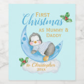 Schattigee eerste kerst als mama & papa blauwe pin wijn etiket (Enkel label)