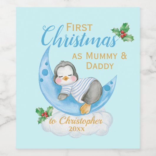 Schattigee eerste kerst als mama & papa blauwe pin wijn etiket (Enkel label)