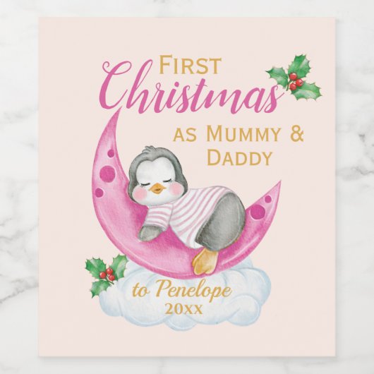 Schattigee eerste kerst als mama & papa roze pingu wijn etiket (Enkel label)