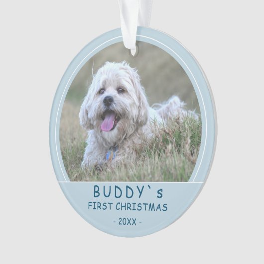 Schattigee Eerste Kerst Blauwe Puppy Hond Pet Foto Ornament (voorkant)