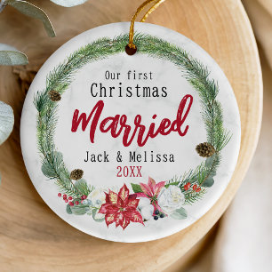 Schattigee eerste kerst getrouwd groene krans keramisch ornament