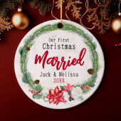 Schattigee eerste kerst getrouwd groene krans keramisch ornament