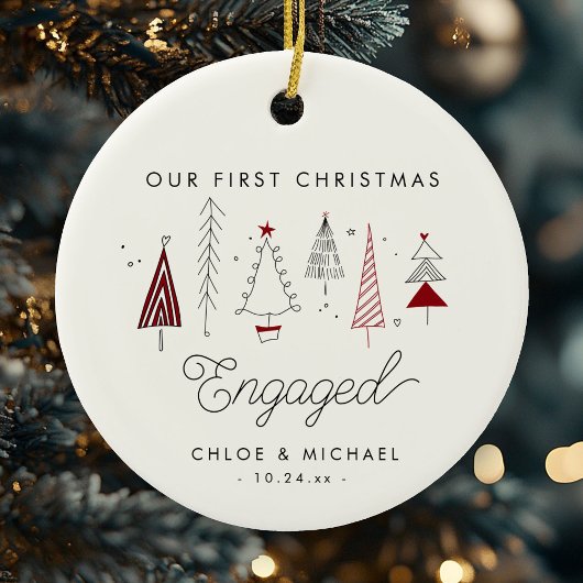 Schattigee eerste kerst verloofde grillige bomen keramisch ornament